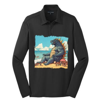 Kaiju On The Beach Suntanning Vacation Ocean Holiday Party Silk Touch Performance Long Sleeve Polo