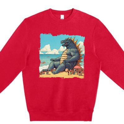 Kaiju On The Beach Suntanning Vacation Ocean Holiday Party Premium Crewneck Sweatshirt