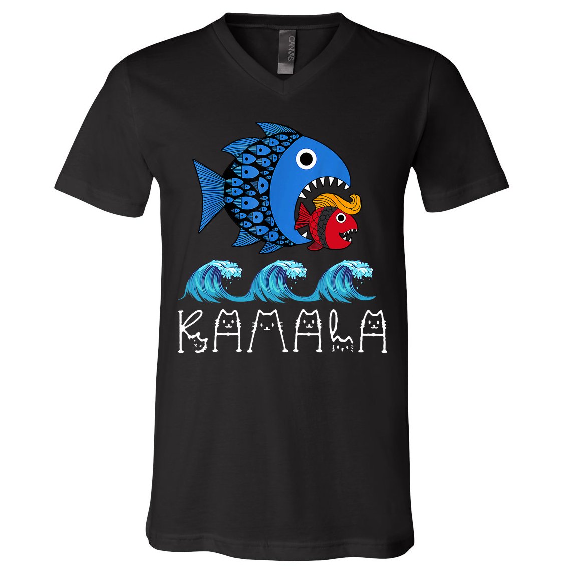 Kamala Over Trump Blue Wave Big Fish Eats Small Fish V-Neck T-Shirt