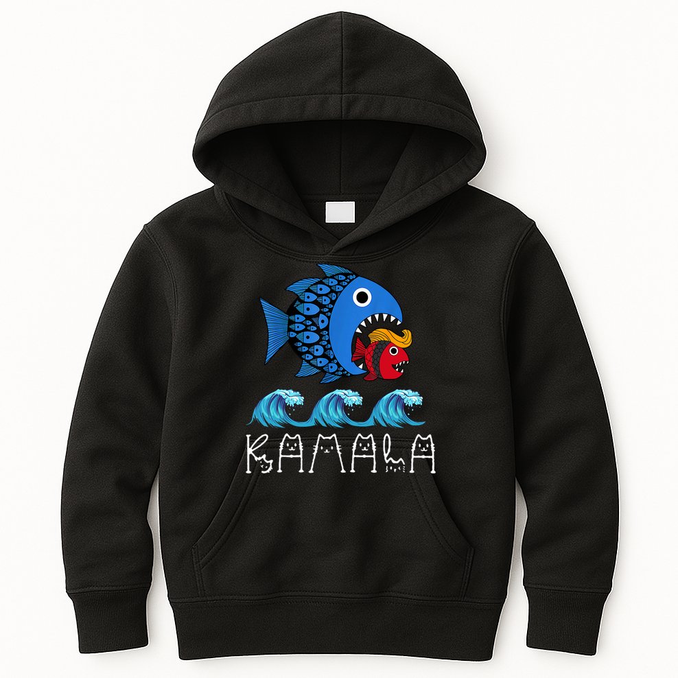 Kamala Over Trump Blue Wave Big Fish Eats Small Fish Kids Hoodie