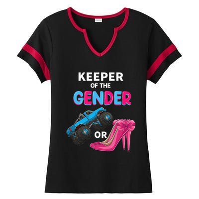 Keeper of the Gender wheels or Heels cute Reveal Baby Shower Ladies Halftime Notch Neck Tee