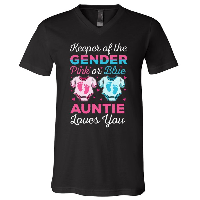 Keeper Of The Gender Auntie Loves You Baby Announcement Aunt V-Neck T-Shirt