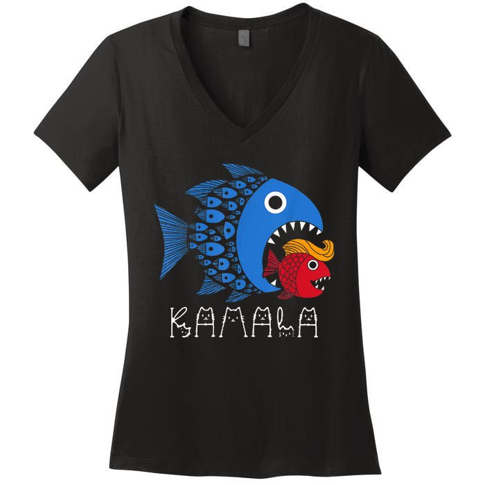 Kamala Over Trump Blue Wave Big Fish Eats Small Fish Women's V-Neck T-Shirt