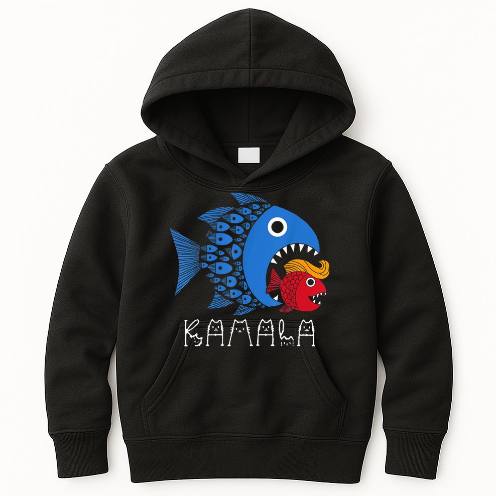 Kamala Over Trump Blue Wave Big Fish Eats Small Fish Kids Hoodie