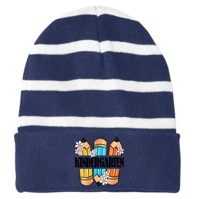 Kindergarten Pencil And Flower Back To School Graphic Striped Beanie with Solid Band