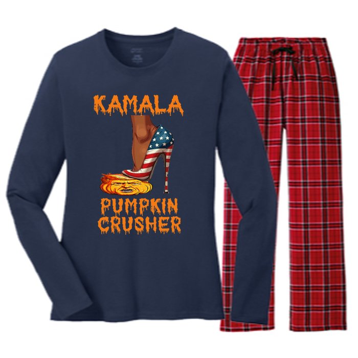 Kamala Pumpkin Crusher Funny Election Halloween Women's Long Sleeve Flannel Pajama Set 