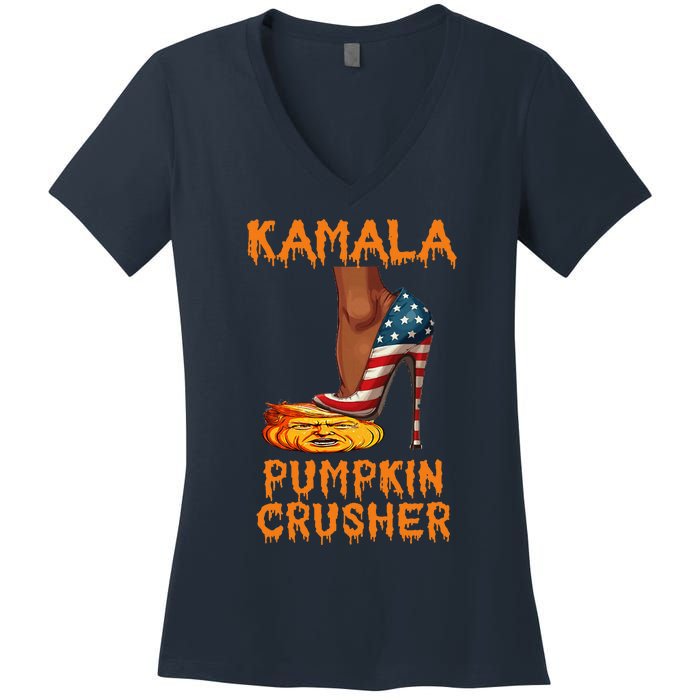 Kamala Pumpkin Crusher Funny Election Halloween Women's V-Neck T-Shirt