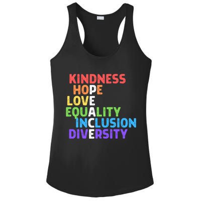 Kindness Peace Equality Inclusion Diversity Human Rights Funny Gift Ladies PosiCharge Competitor Racerback Tank