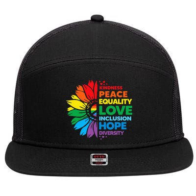 Kindness Peace Equality Love Inclusion Hope Diversity Flower 7 Panel Mesh Trucker Snapback Hat