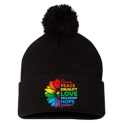 Kindness Peace Equality Love Inclusion Hope Diversity Flower Pom Pom 12in Knit Beanie