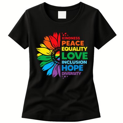 Kindness Peace Equality Love Inclusion Hope Diversity Flower Womens T-Shirt