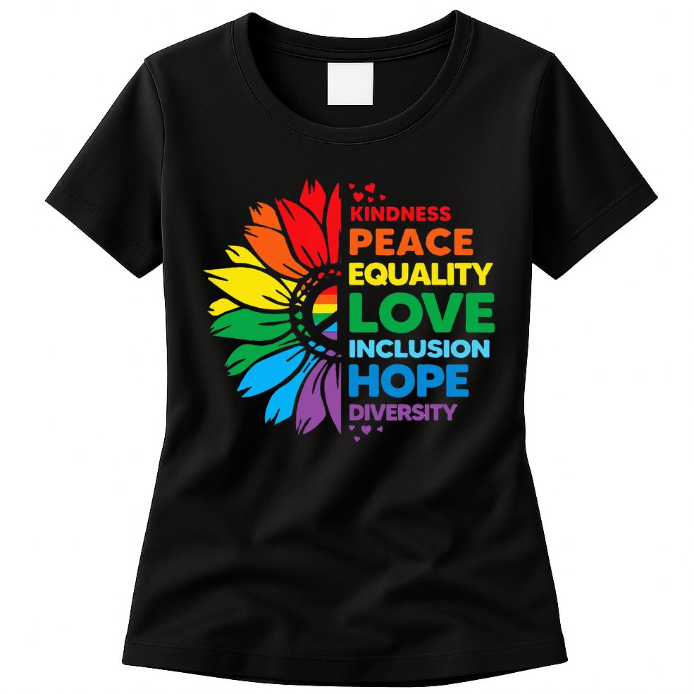 Kindness Peace Equality Love Inclusion Hope Diversity Flower Womens T-Shirt