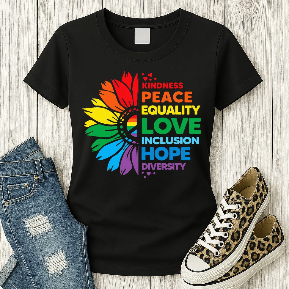 Kindness Peace Equality Love Inclusion Hope Diversity Flower Womens T-Shirt