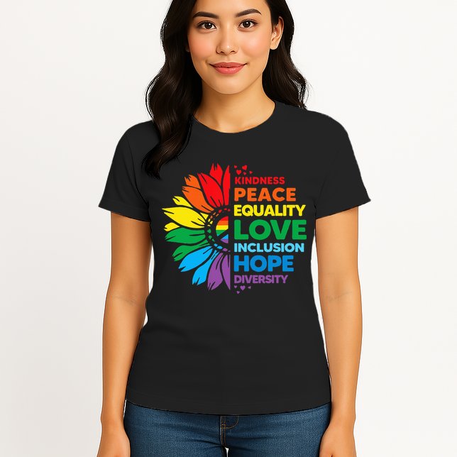 Kindness Peace Equality Love Inclusion Hope Diversity Flower Womens T-Shirt