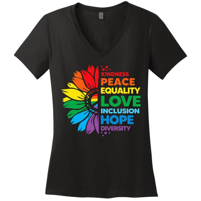 Kindness Peace Equality Love Inclusion Hope Diversity Flower Women's V-Neck T-Shirt