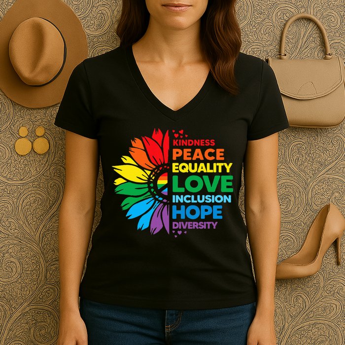 Kindness Peace Equality Love Inclusion Hope Diversity Flower Women's V-Neck T-Shirt