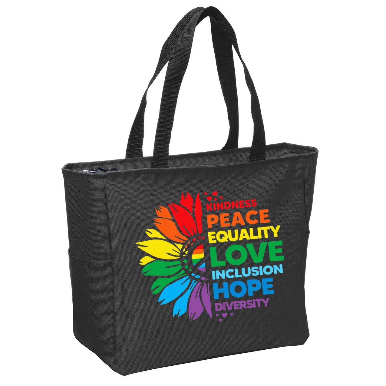 Kindness Peace Equality Love Inclusion Hope Diversity Flower Zip Tote Bag