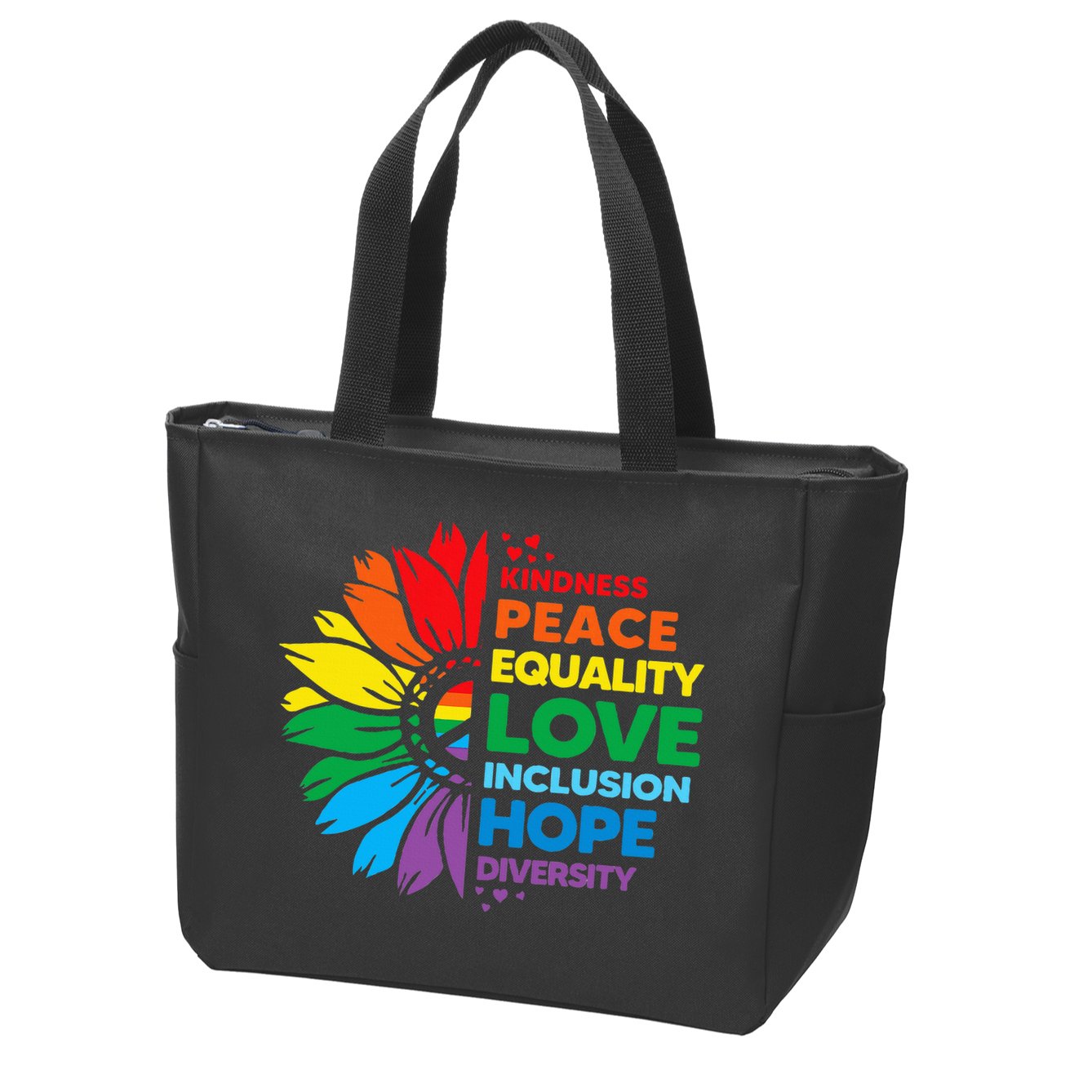 Kindness Peace Equality Love Inclusion Hope Diversity Flower Zip Tote Bag