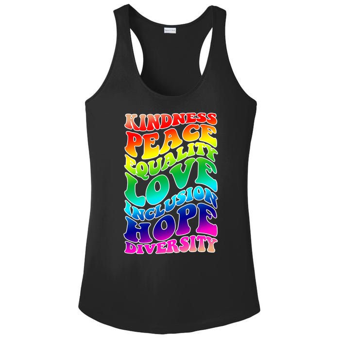 Kindness Peace Equality Love Inclusion Hope Diversity Ladies PosiCharge Competitor Racerback Tank