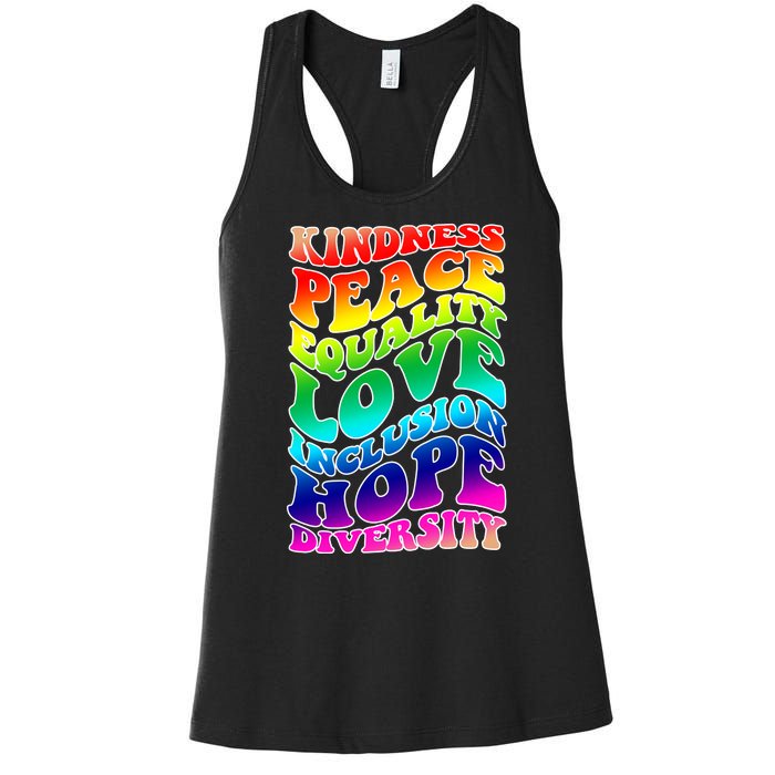 Kindness Peace Equality Love Inclusion Hope Diversity Women's Racerback Tank