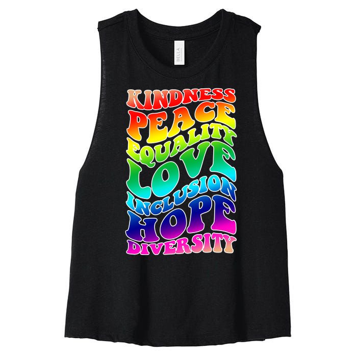 Kindness Peace Equality Love Inclusion Hope Diversity Women's Racerback Cropped Tank