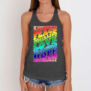 Kindness Peace Equality Love Inclusion Hope Diversity Women's Knotted Racerback Tank