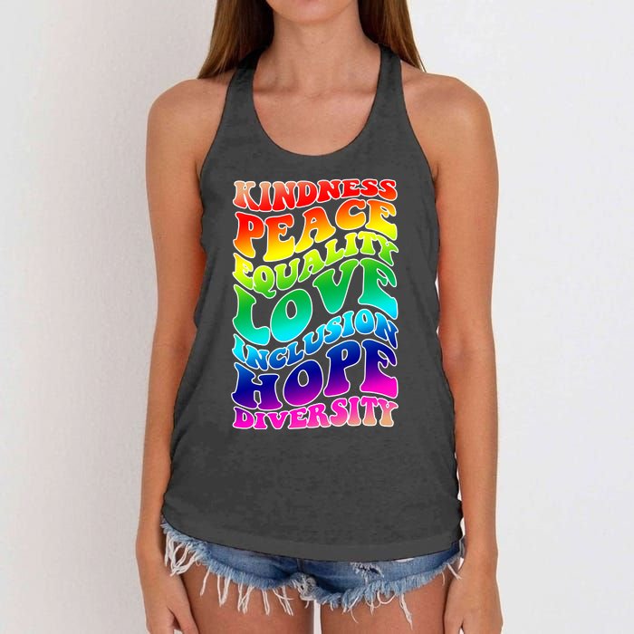 Kindness Peace Equality Love Inclusion Hope Diversity Women's Knotted Racerback Tank