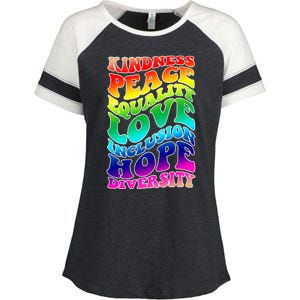 Kindness Peace Equality Love Inclusion Hope Diversity Enza Ladies Jersey Colorblock Tee