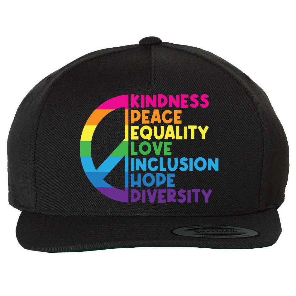 Kindness Peace Equality Love Inclusion Hope Diversity Wool Snapback Cap