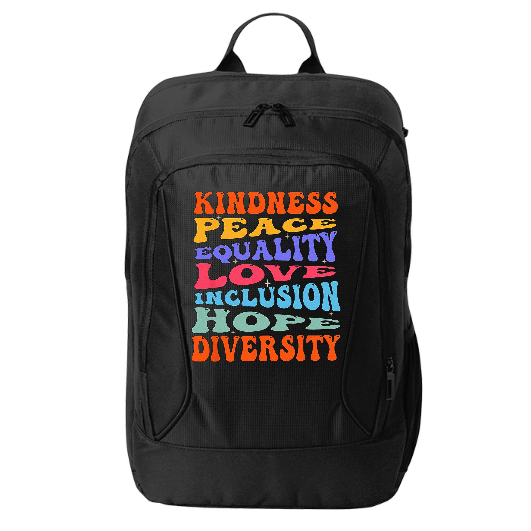 Kindness Peace Equality Love Inclusion Hope Diversity City Backpack