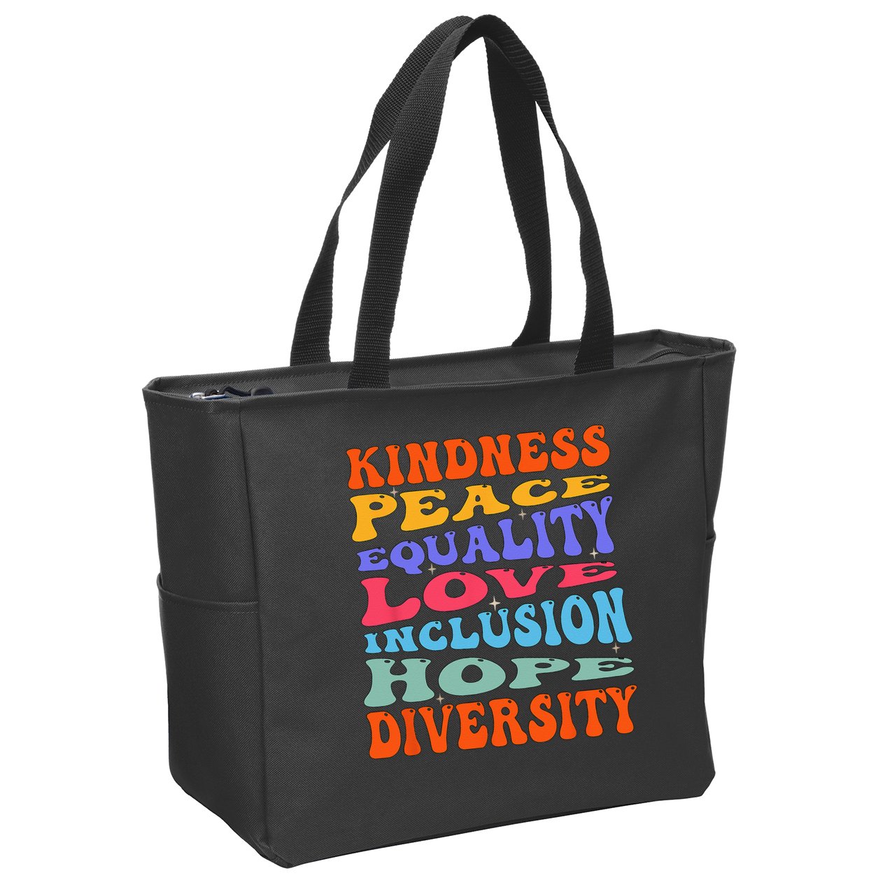Kindness Peace Equality Love Inclusion Hope Diversity Zip Tote Bag