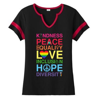 Kindness Peace Equality Love Inclusion Hope Diversity Gift Ladies Halftime Notch Neck Tee