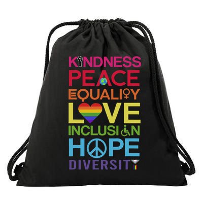 Kindness Peace Equality Inclusion Diversity Human Rights Drawstring Bag