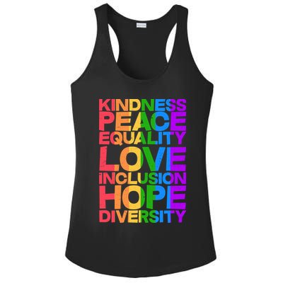 Kindness Peace Equality Love Inclusion Hope Diversity Ladies PosiCharge Competitor Racerback Tank