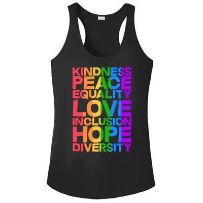 Kindness Peace Equality Love Inclusion Hope Diversity Ladies PosiCharge Competitor Racerback Tank