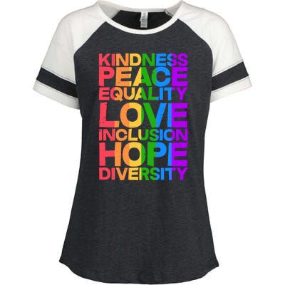 Kindness Peace Equality Love Inclusion Hope Diversity Enza Ladies Jersey Colorblock Tee