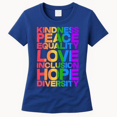 Kindness Peace Equality Love Inclusion Hope Diversity Womens T-Shirt