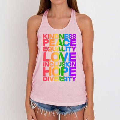 Kindness Peace Equality Love Inclusion Hope Diversity Women's Knotted Racerback Tank