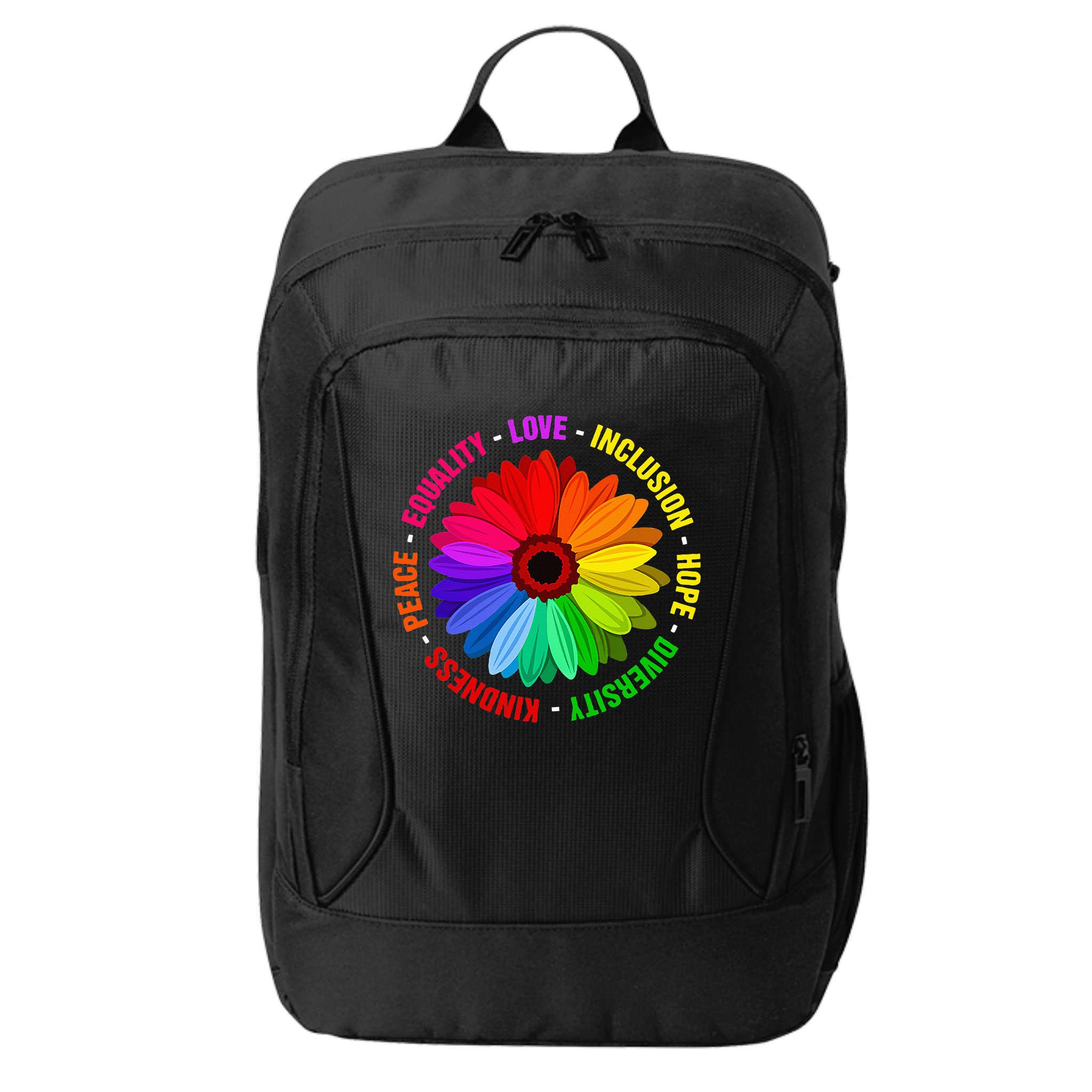 Kindness Peace Equality Love Inclusion Hope Diversity City Backpack