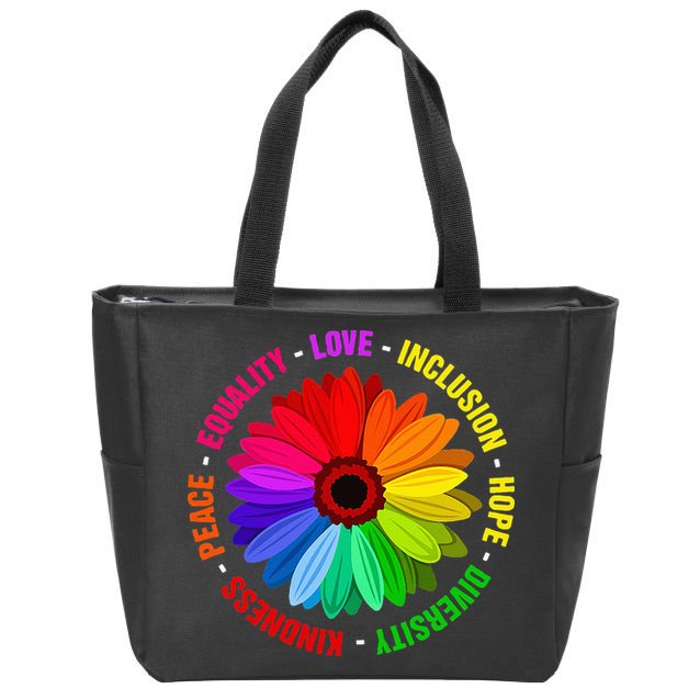 Kindness Peace Equality Love Inclusion Hope Diversity Zip Tote Bag