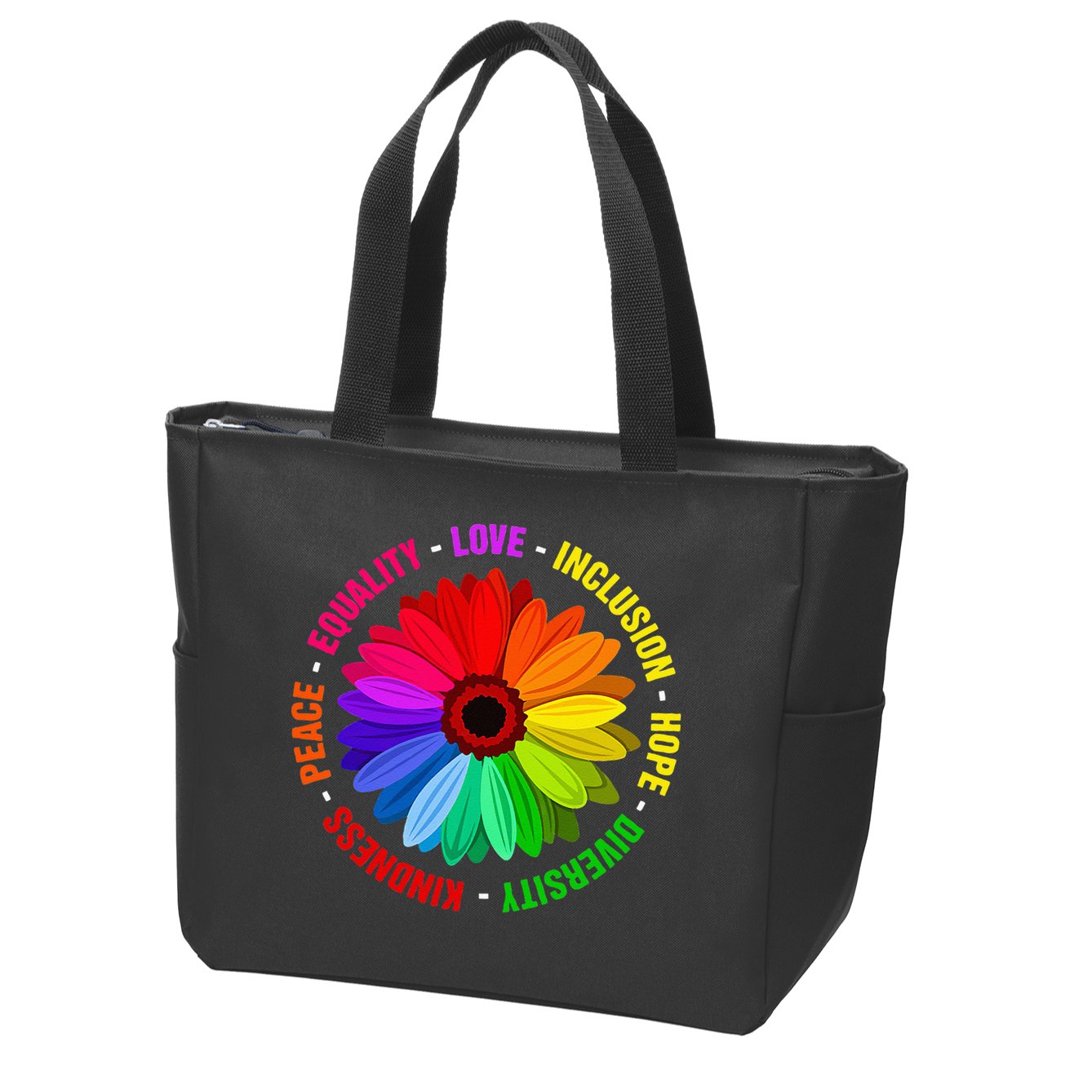 Kindness Peace Equality Love Inclusion Hope Diversity Zip Tote Bag