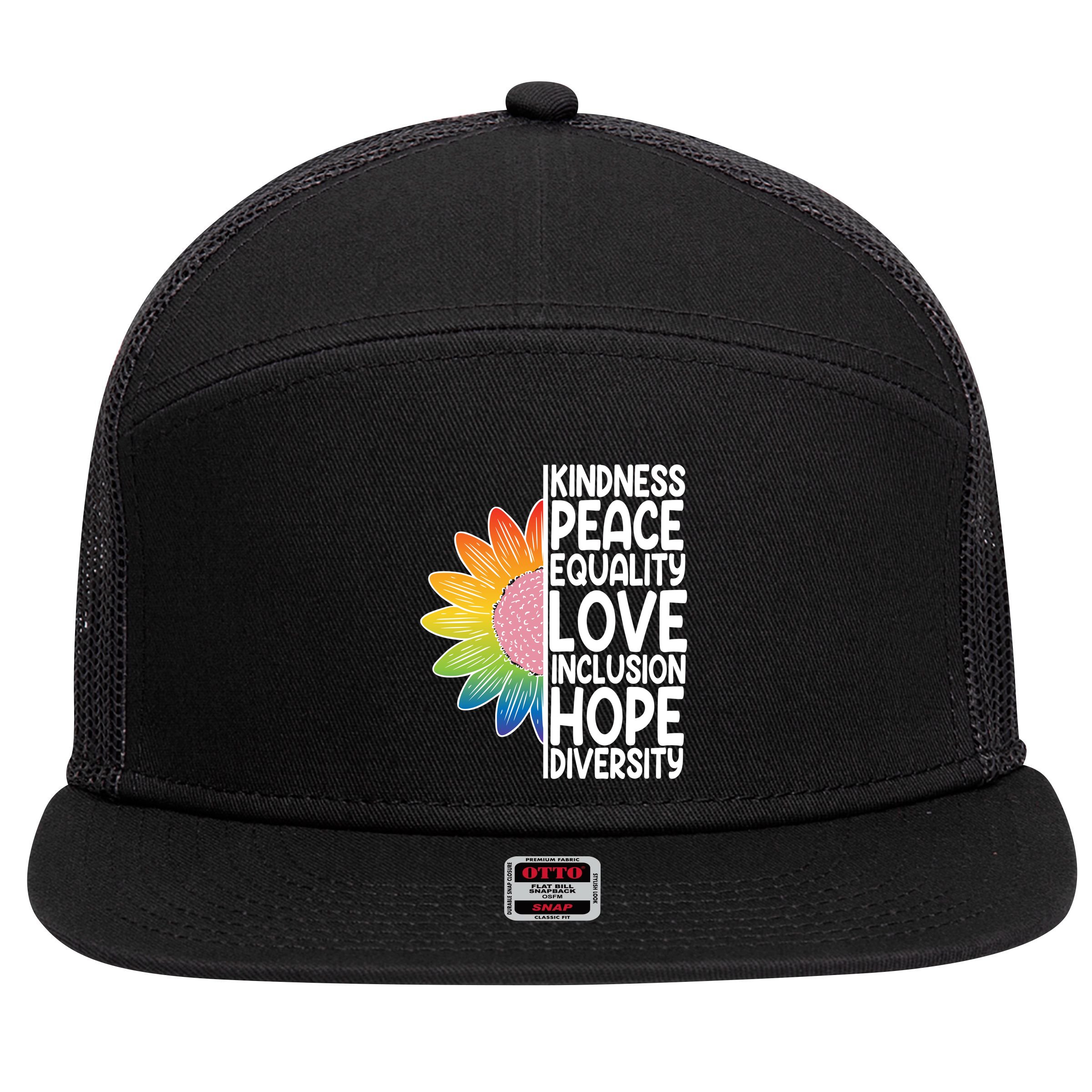 Kidness Peace Equality Love Inclusion Hope Diversity 7 Panel Mesh Trucker Snapback Hat