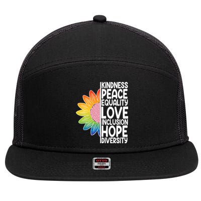 Kidness Peace Equality Love Inclusion Hope Diversity 7 Panel Mesh Trucker Snapback Hat