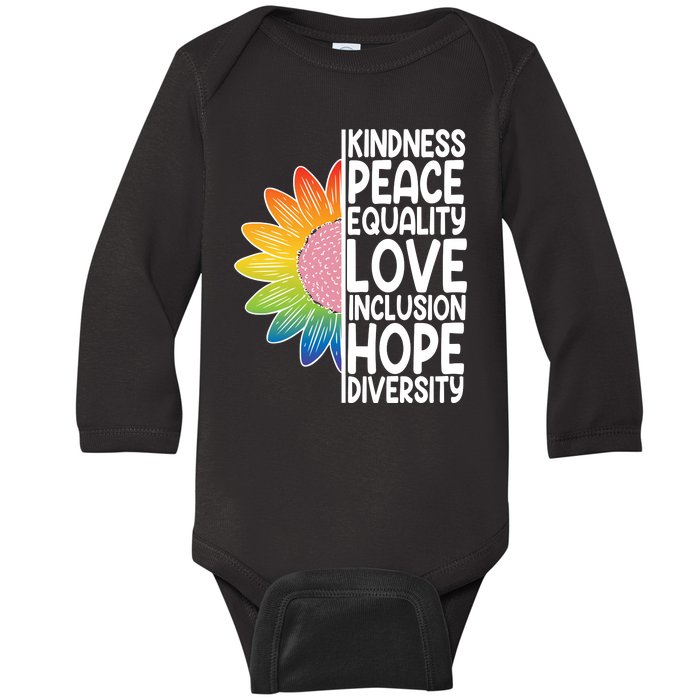 Kidness Peace Equality Love Inclusion Hope Diversity Baby Long Sleeve Bodysuit