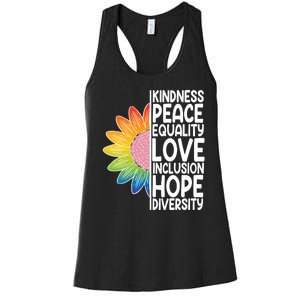 Kidness Peace Equality Love Inclusion Hope Diversity Women's Racerback Tank