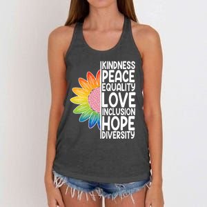 Kidness Peace Equality Love Inclusion Hope Diversity Women's Knotted Racerback Tank