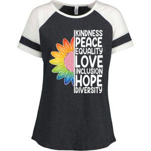 Kidness Peace Equality Love Inclusion Hope Diversity Enza Ladies Jersey Colorblock Tee