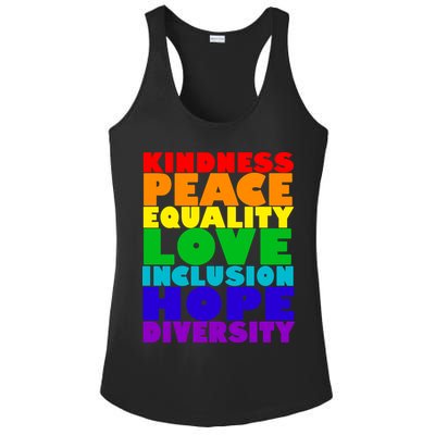 Kindness Peace Equality Love Inclusion Hope Diversity Ladies PosiCharge Competitor Racerback Tank