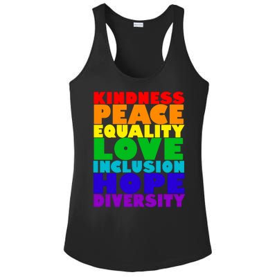 Kindness Peace Equality Love Inclusion Hope Diversity Ladies PosiCharge Competitor Racerback Tank