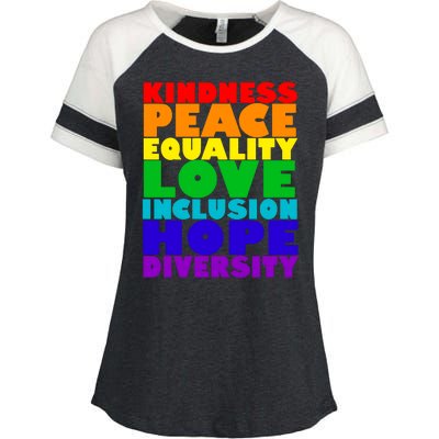 Kindness Peace Equality Love Inclusion Hope Diversity Enza Ladies Jersey Colorblock Tee